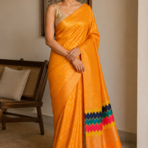 Marigold Zigzag — Orange Mul Cotton Saree with Multicolour Border