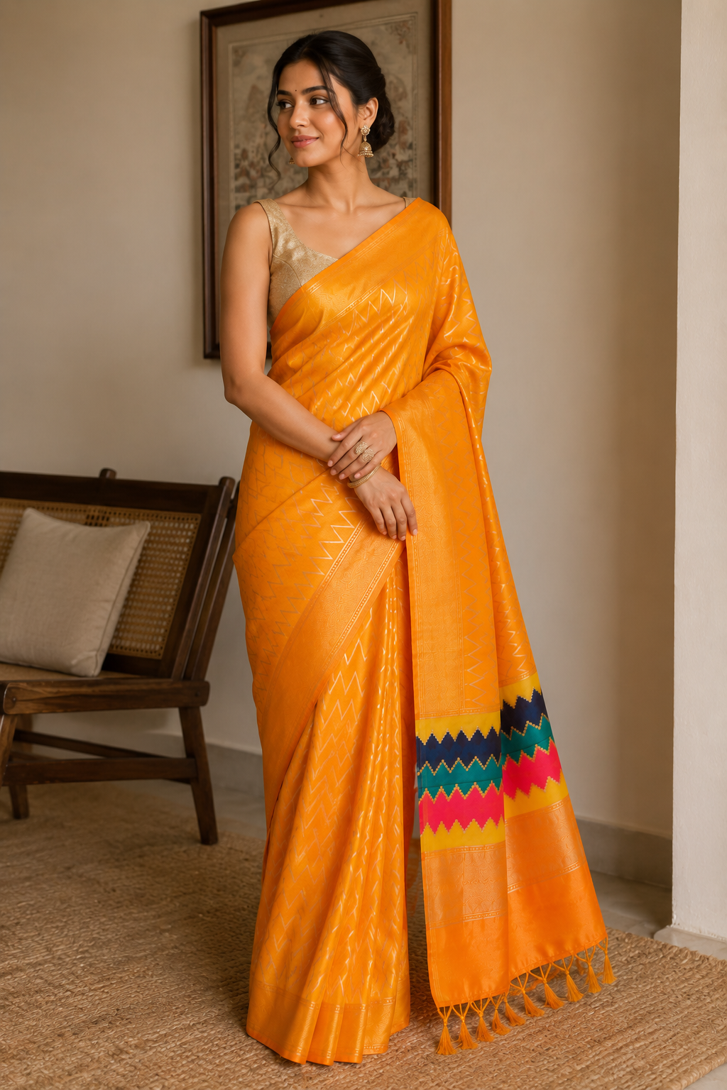 Marigold Zigzag — Orange Mul Cotton Saree with Multicolour Border