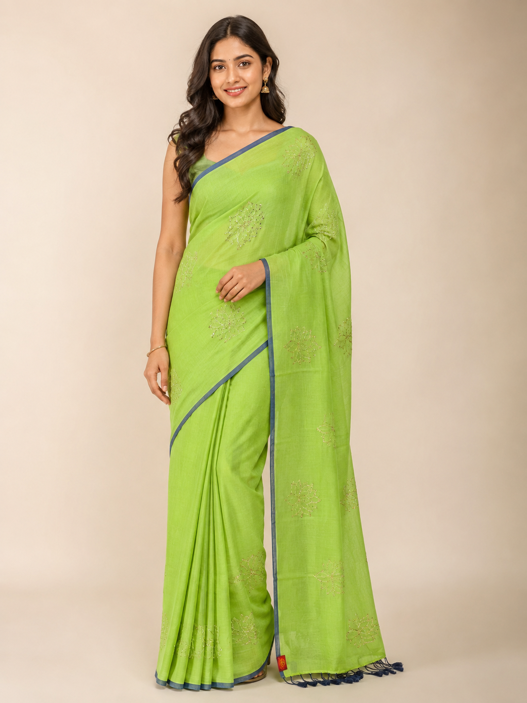 Lime Bloom — Green Mul Cotton Saree with Blue Border - Image 6