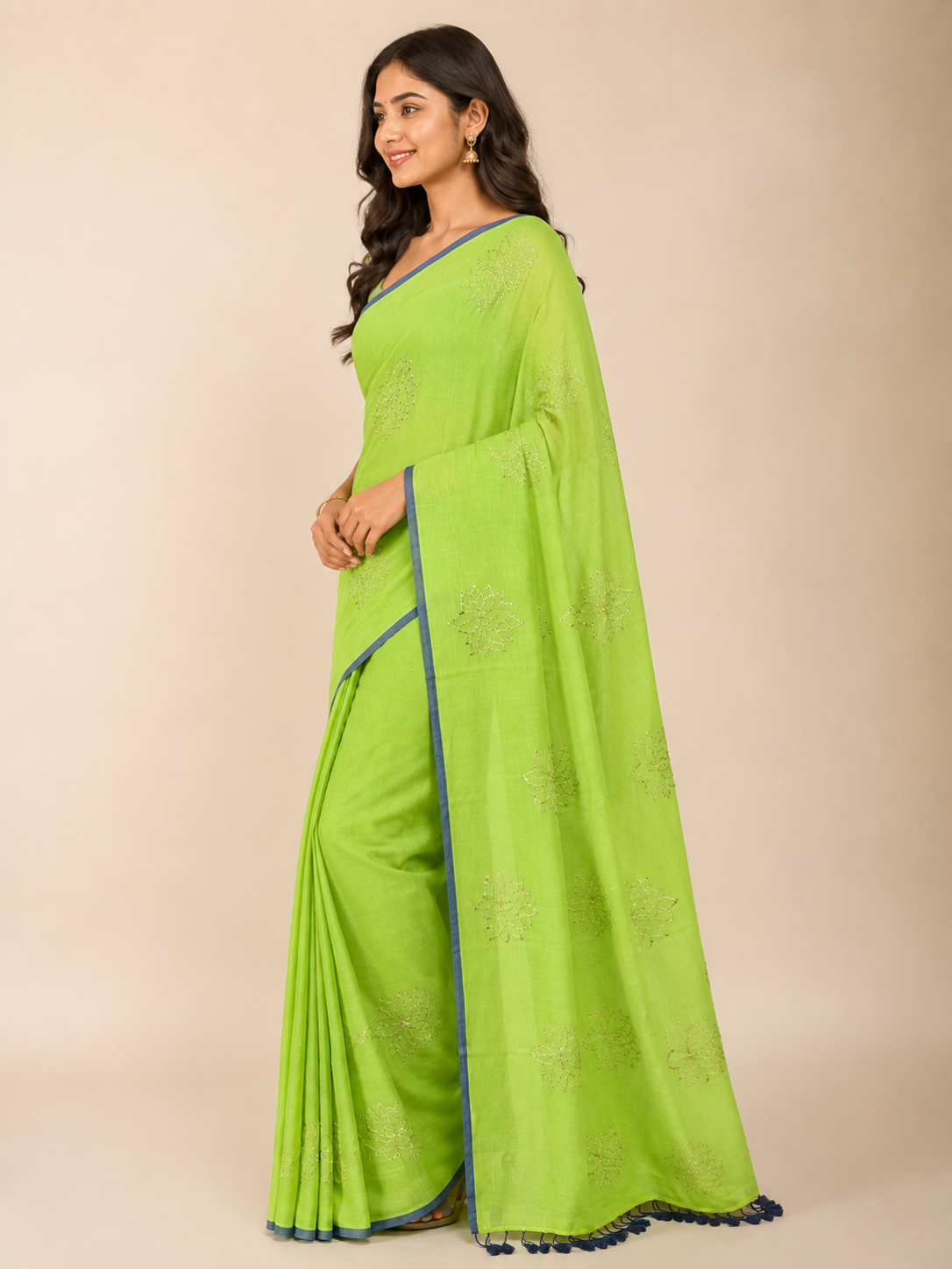 Lime Bloom — Green Mul Cotton Saree with Blue Border - Image 5