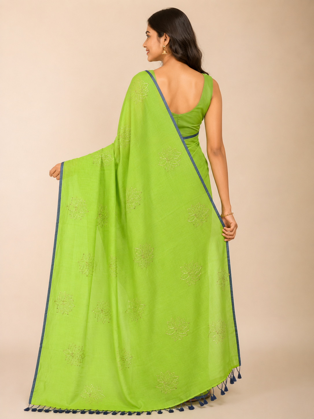 Lime Bloom — Green Mul Cotton Saree with Blue Border - Image 4
