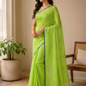 Lime Bloom — Green Mul Cotton Saree with Blue Border