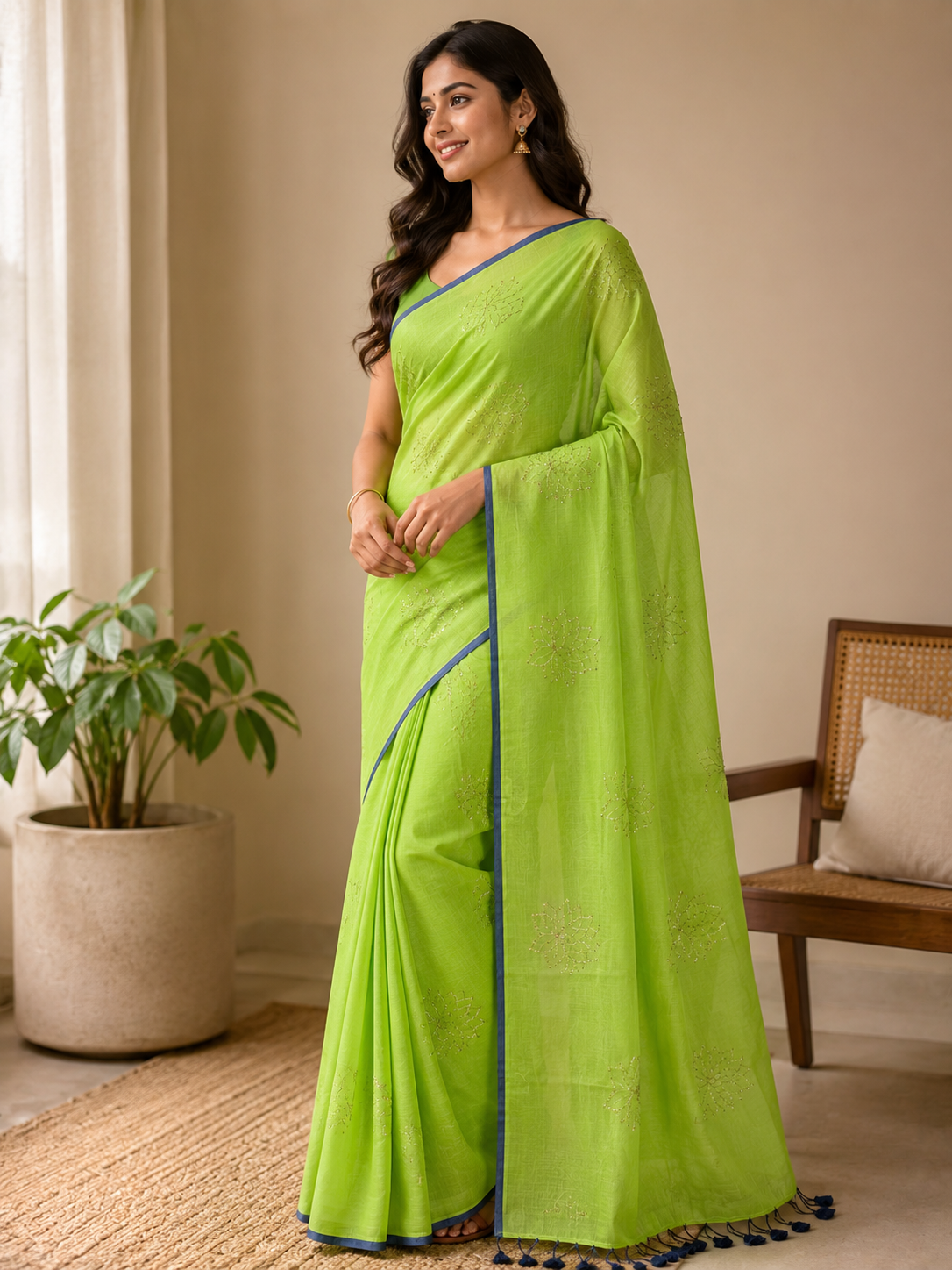 Lime Bloom — Green Mul Cotton Saree with Blue Border