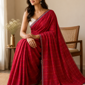 Crimson Checks — Red Mul Cotton Saree with Multicolour Tassel Pallu