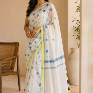 Blue Bloom — White Mul Cotton Saree with Blue Floral Motifs & Yellow Edge