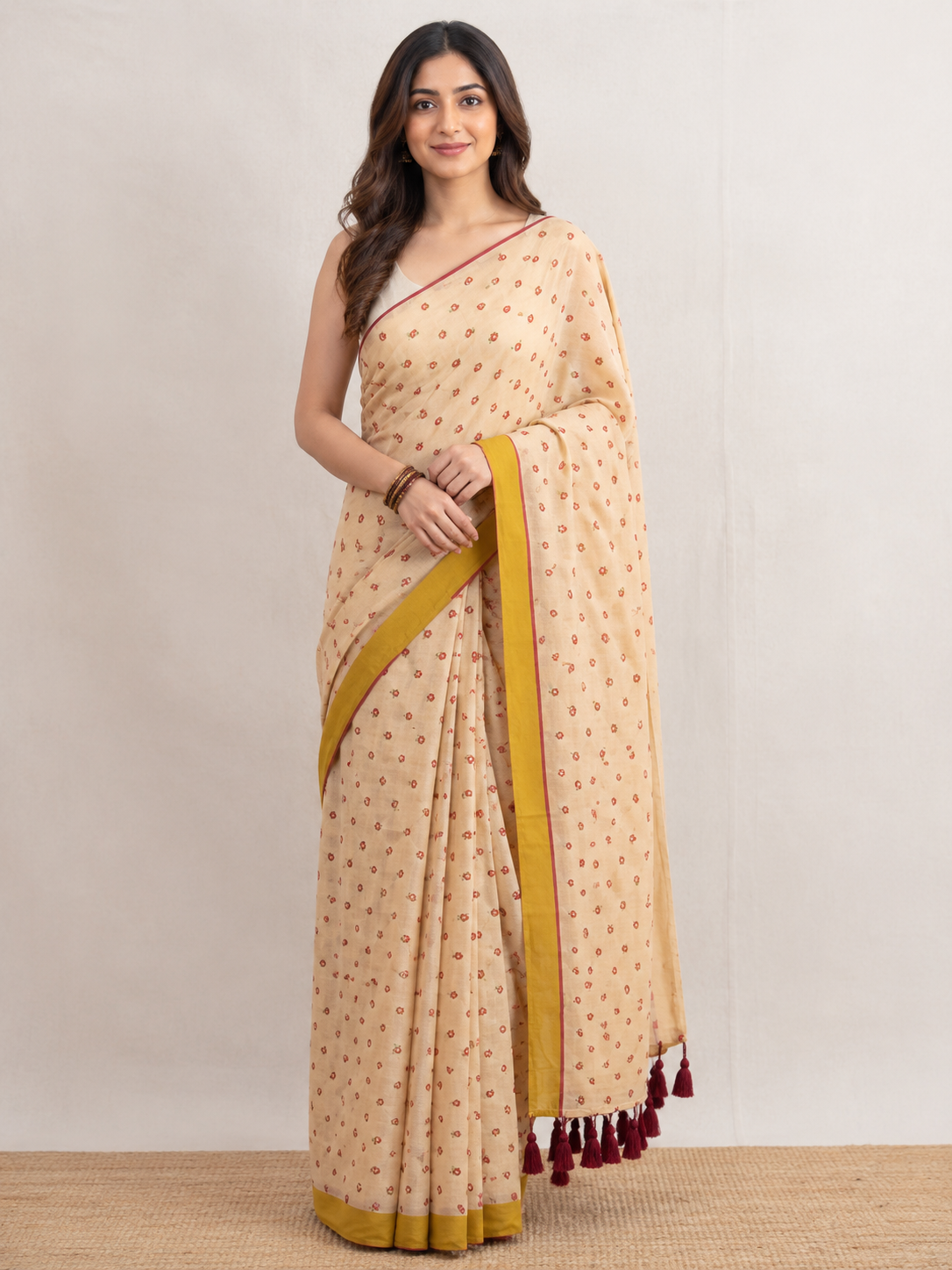 Little Blooms — Cream Mul Cotton Saree with Mustard Border - Image 6