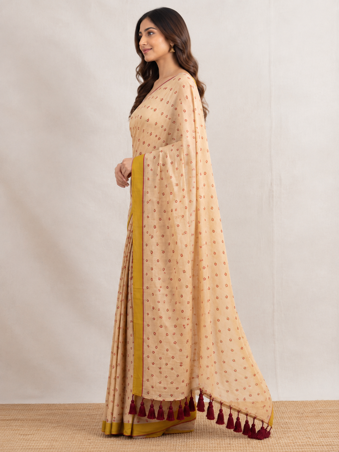Little Blooms — Cream Mul Cotton Saree with Mustard Border - Image 5