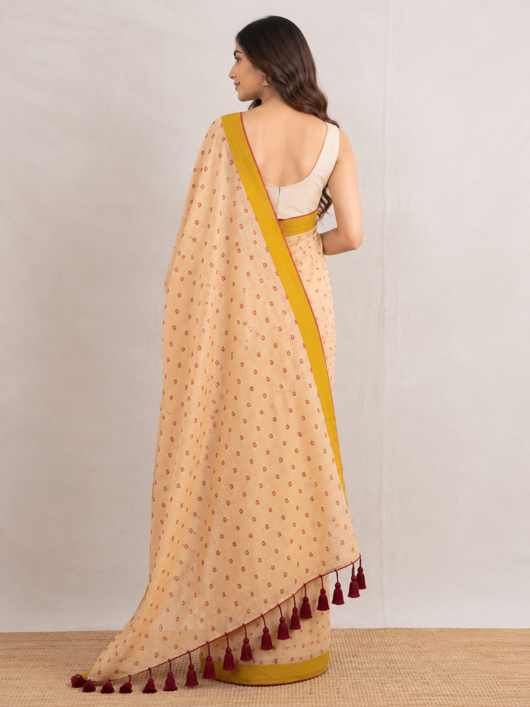Little Blooms — Cream Mul Cotton Saree with Mustard Border - Image 4