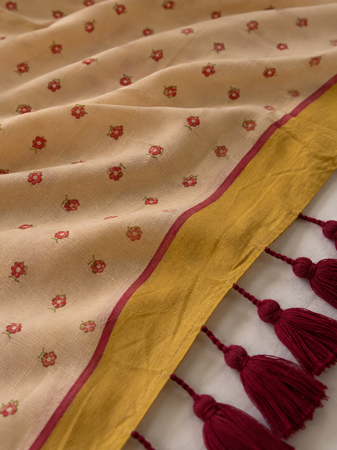 Little Blooms — Cream Mul Cotton Saree with Mustard Border - Image 3
