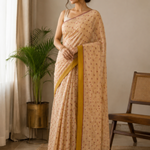 Little Blooms — Cream Mul Cotton Saree with Mustard Border