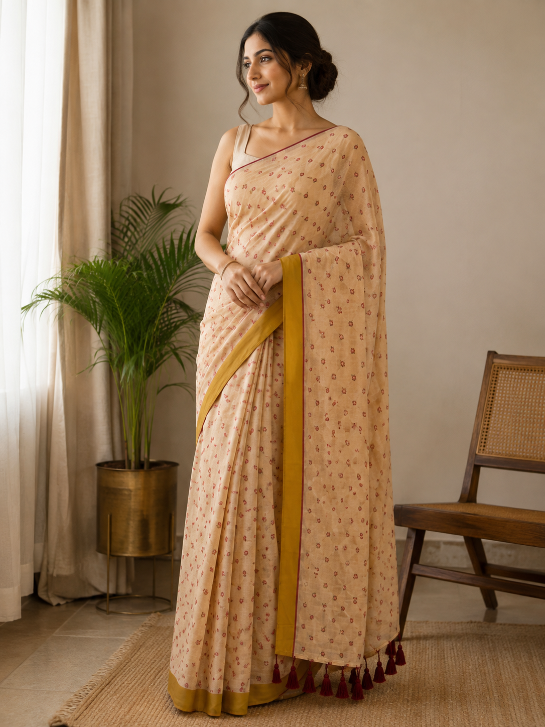 Little Blooms — Cream Mul Cotton Saree with Mustard Border