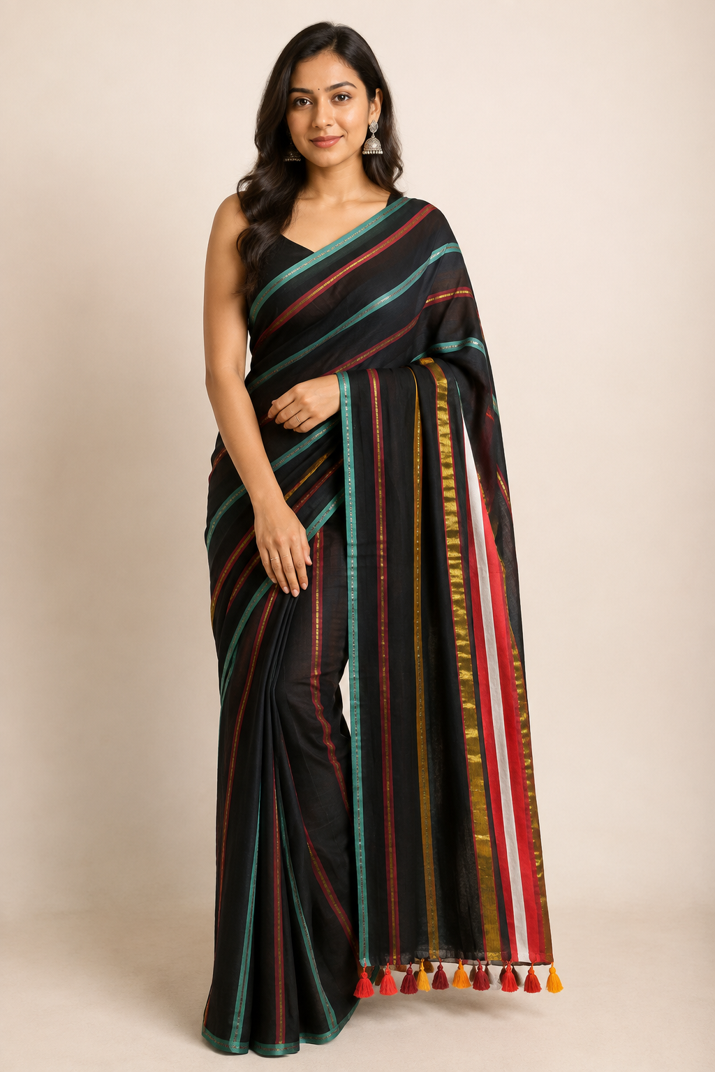Midnight Stripes — Black Mul Cotton Saree with Multicolour Striped Border - Image 6
