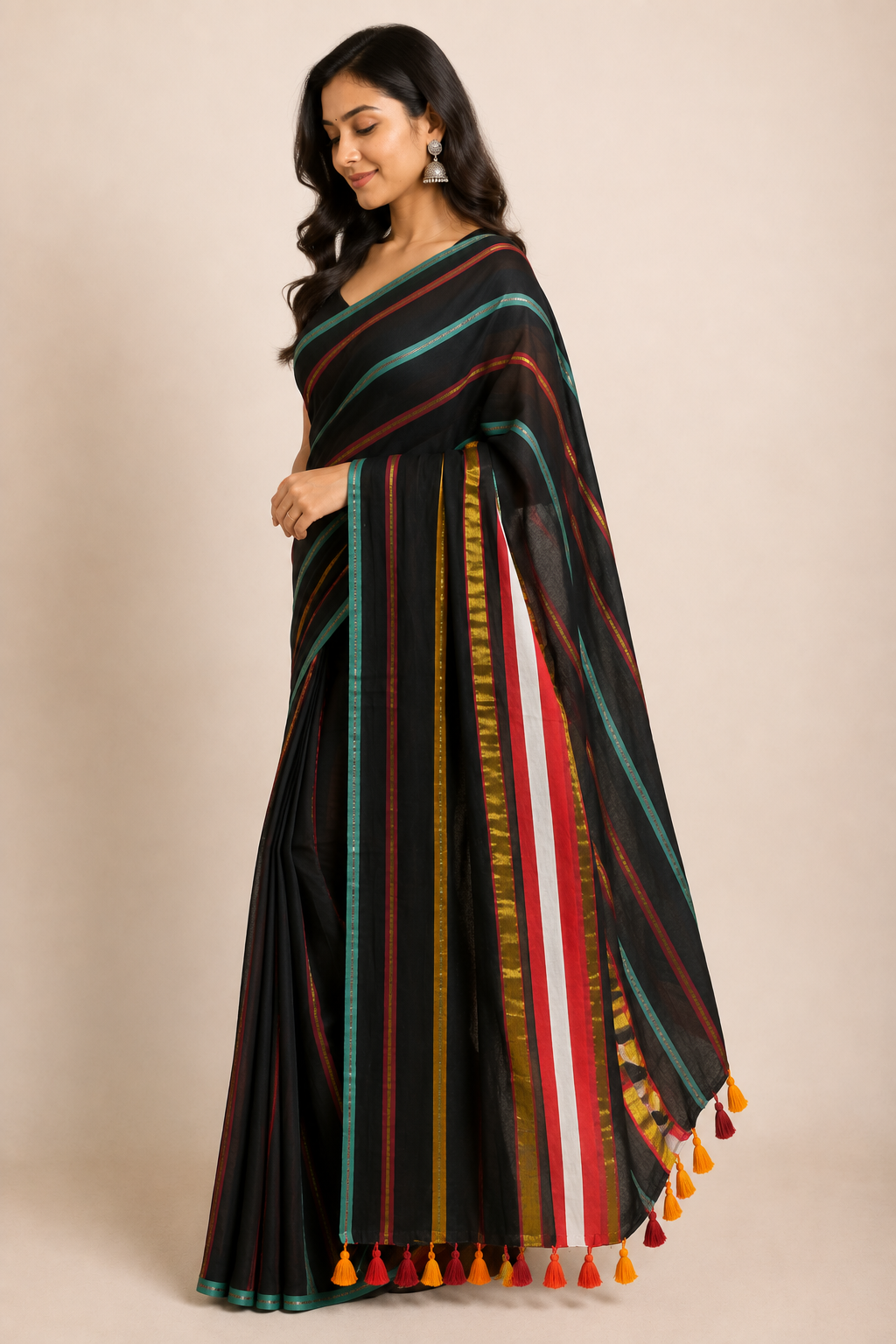 Midnight Stripes — Black Mul Cotton Saree with Multicolour Striped Border - Image 5