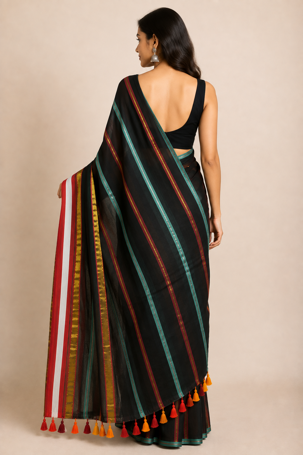 Midnight Stripes — Black Mul Cotton Saree with Multicolour Striped Border - Image 4