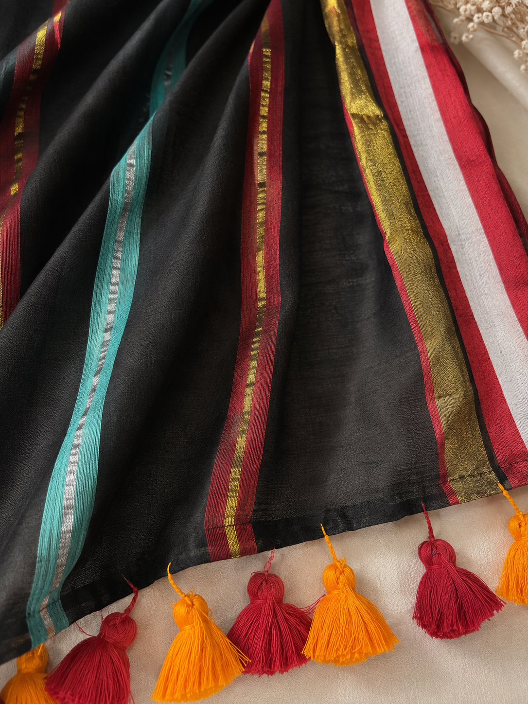 Midnight Stripes — Black Mul Cotton Saree with Multicolour Striped Border - Image 3