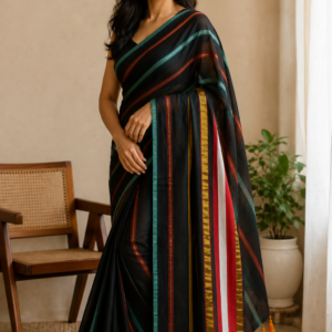 Midnight Stripes — Black Mul Cotton Saree with Multicolour Striped Border