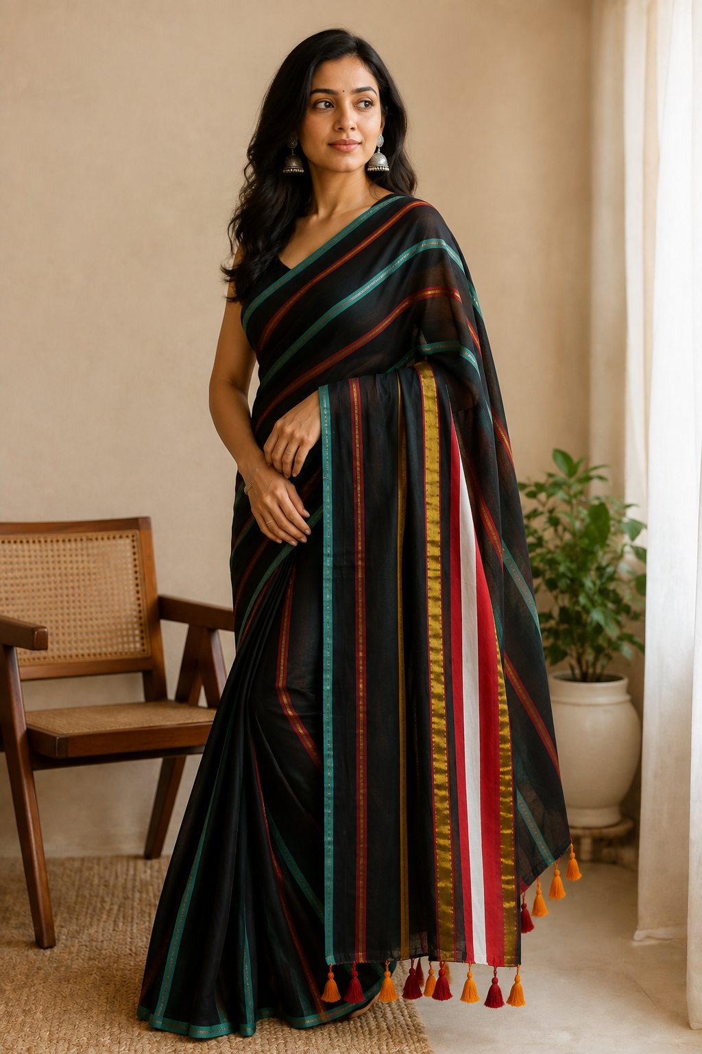 Midnight Stripes — Black Mul Cotton Saree with Multicolour Striped Border