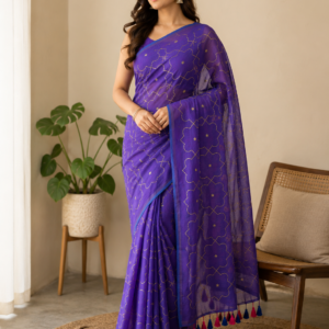 Purple Bloom — Purple Mul Cotton Saree with Gold Floral Motifs