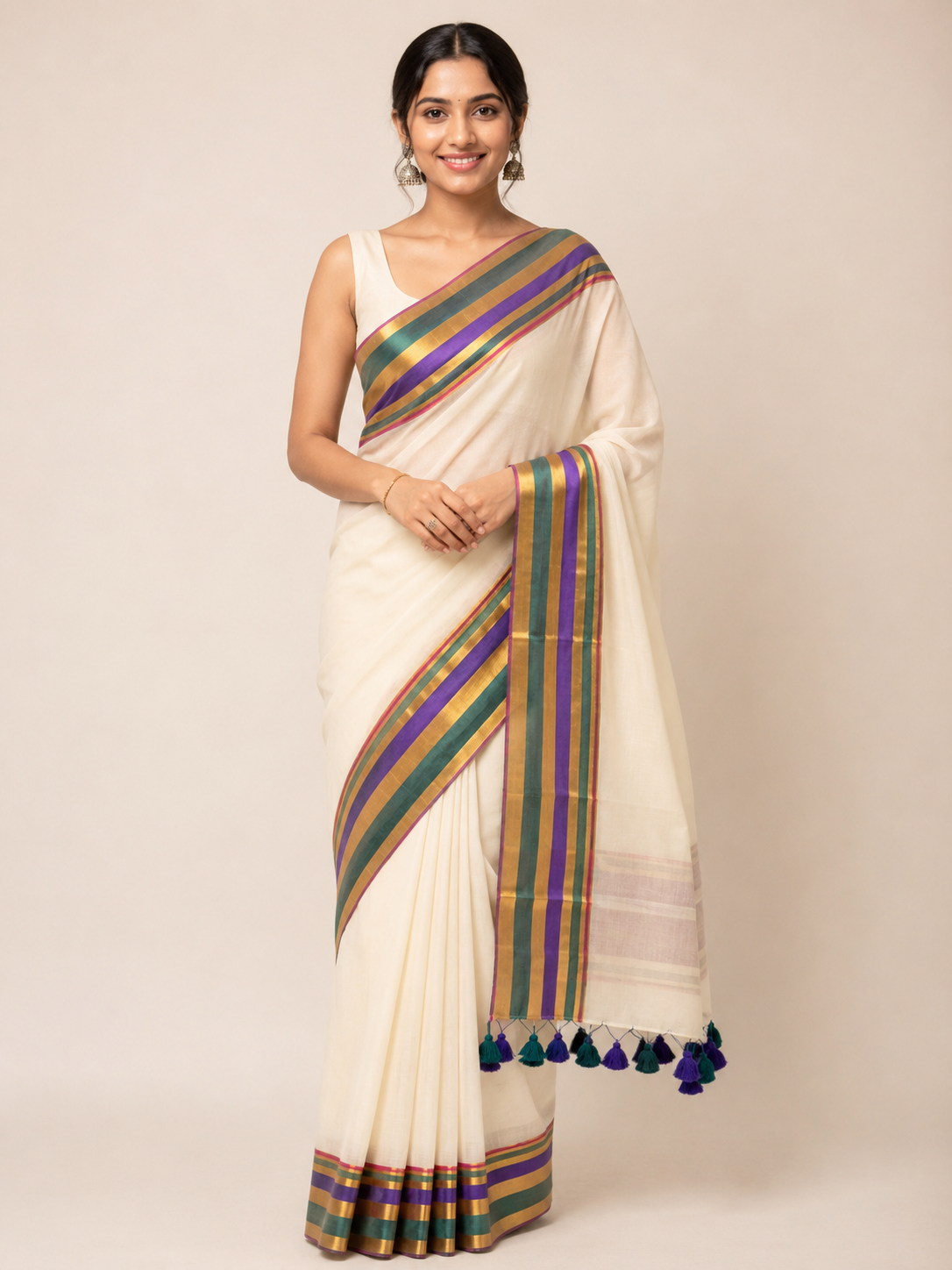 Moss & Violet — Ivory Mul Cotton Saree with Multicolour Border - Image 6