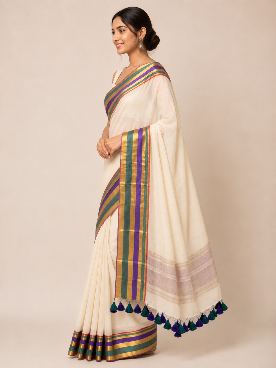 Moss & Violet — Ivory Mul Cotton Saree with Multicolour Border - Image 5