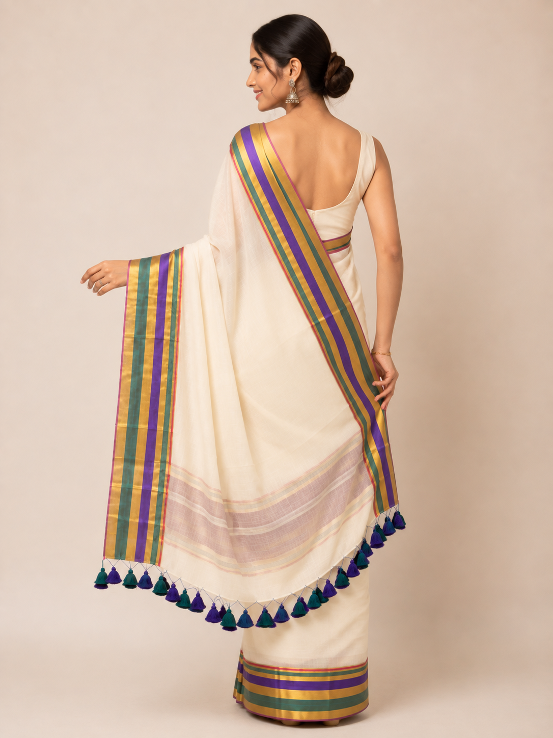 Moss & Violet — Ivory Mul Cotton Saree with Multicolour Border - Image 4