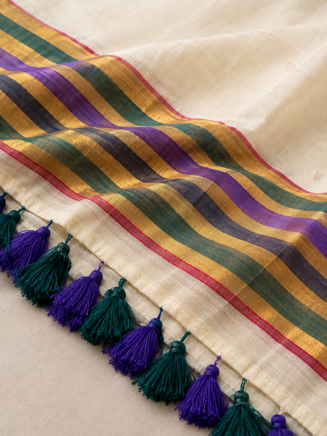 Moss & Violet — Ivory Mul Cotton Saree with Multicolour Border - Image 3