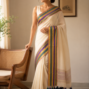 Moss & Violet — Ivory Mul Cotton Saree with Multicolour Border