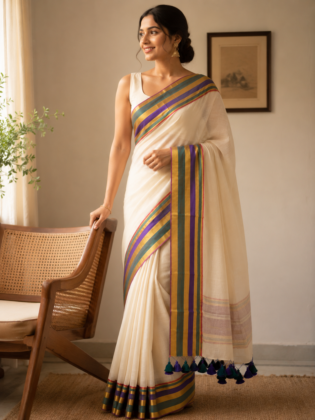 Moss & Violet — Ivory Mul Cotton Saree with Multicolour Border