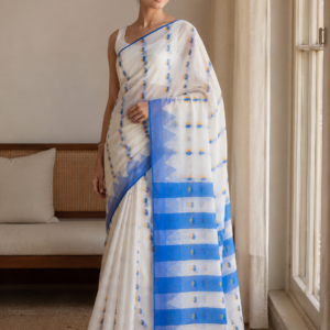 Blue Breeze — White Blue Cotton-Look Saree with Striped Pallu