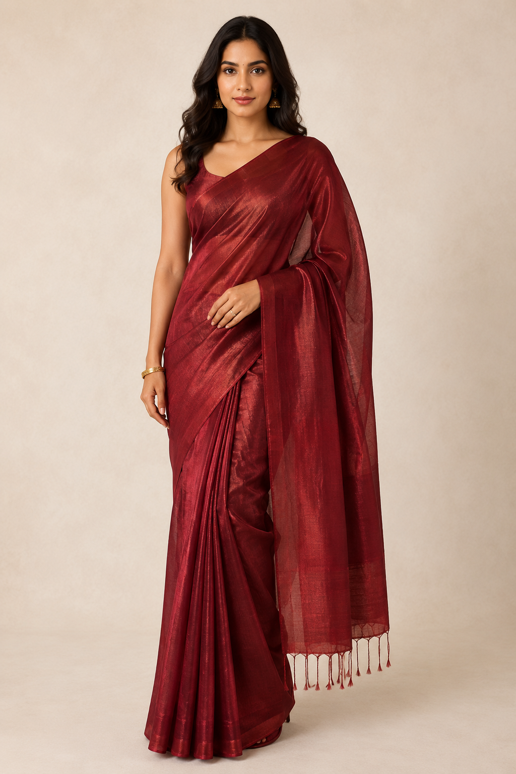 Quiet Maroon — Maroon Organza Saree with Tassel Pallu - Image 6