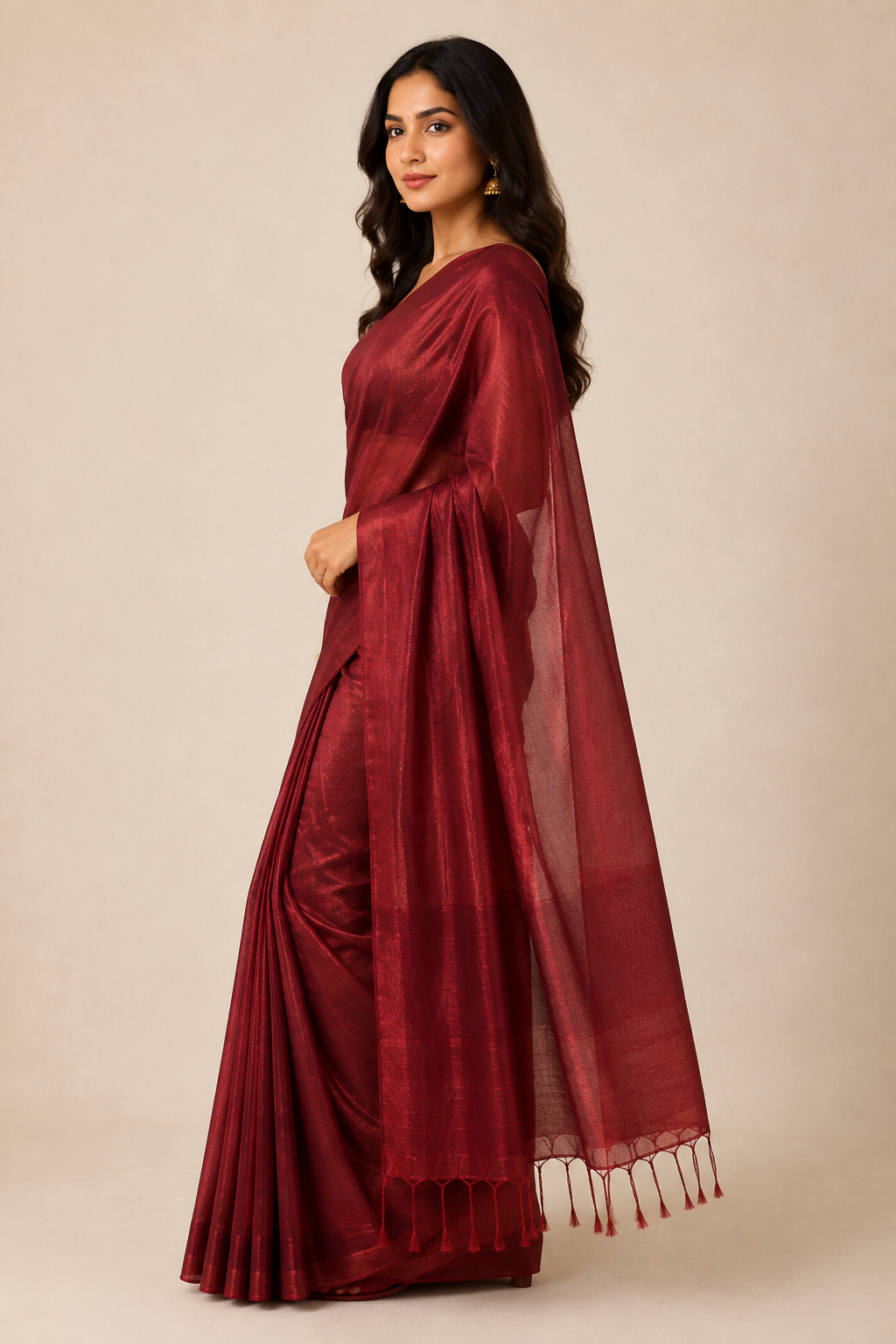 Quiet Maroon — Maroon Organza Saree with Tassel Pallu - Image 5