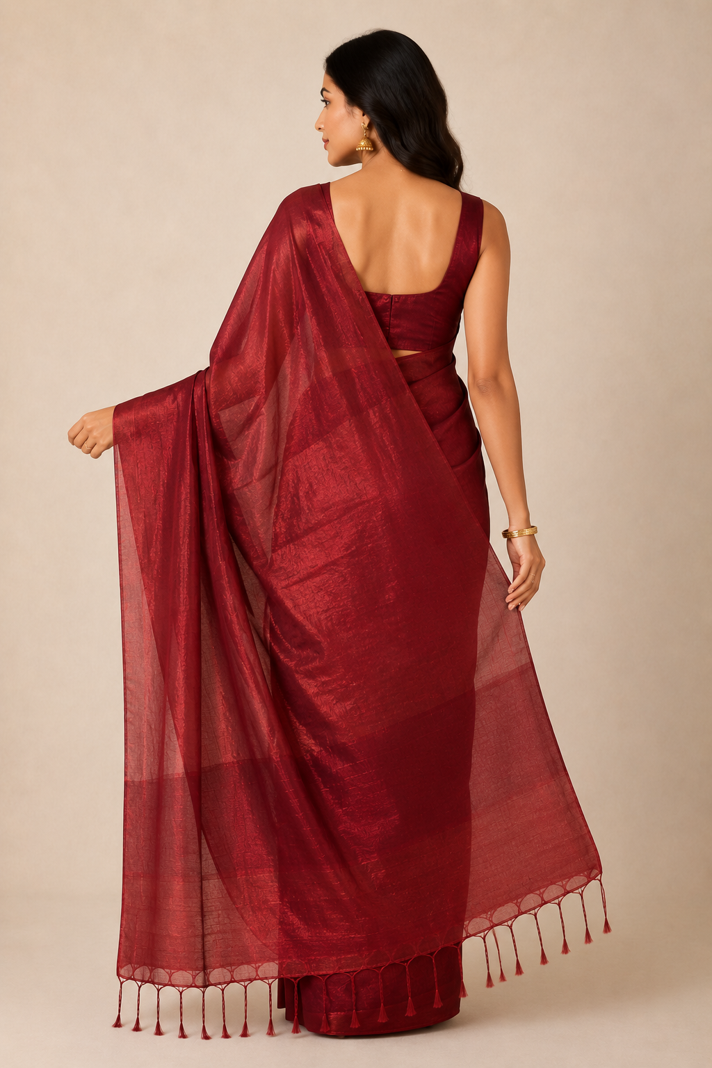 Quiet Maroon — Maroon Organza Saree with Tassel Pallu - Image 4