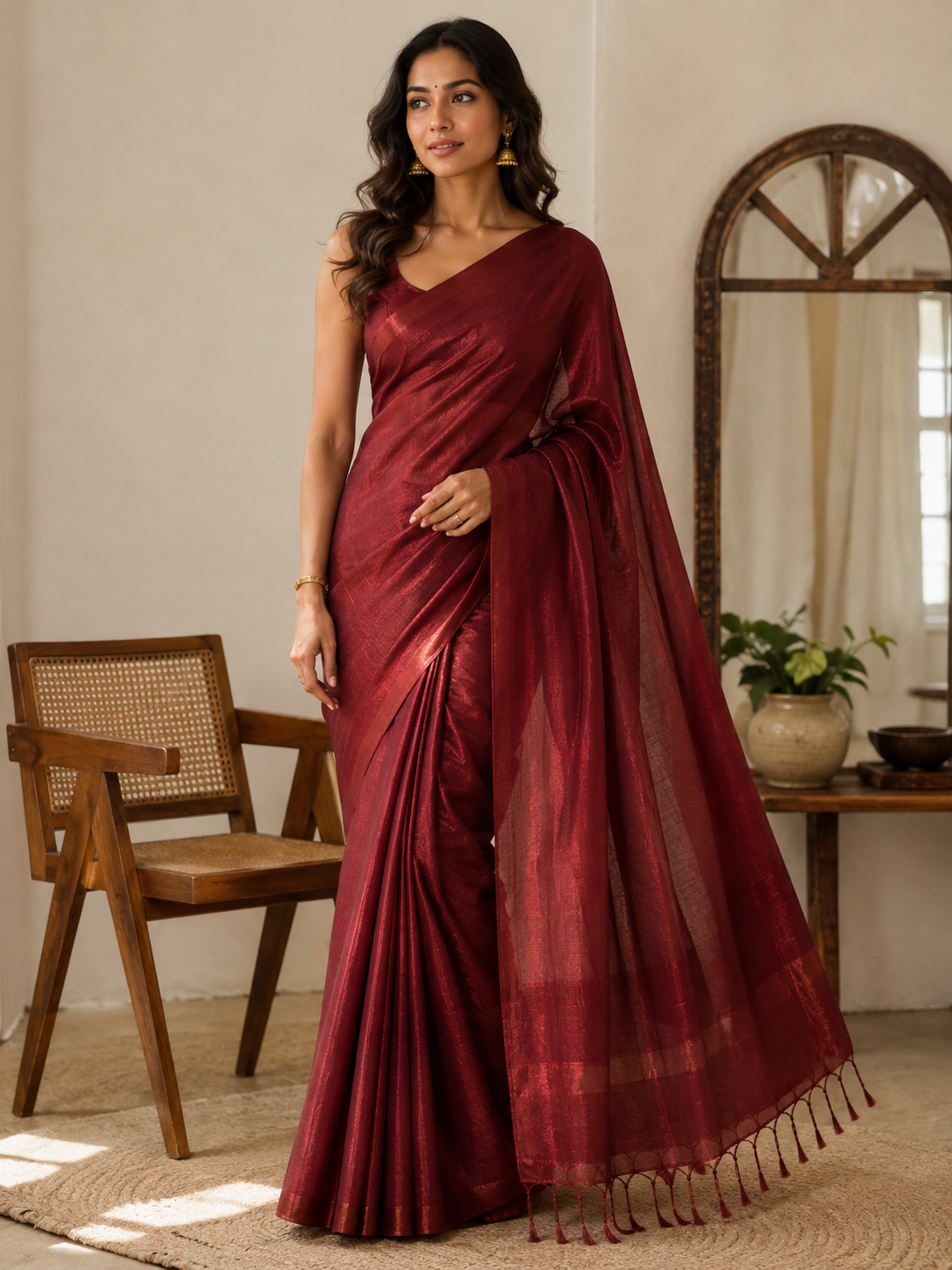 Quiet Maroon — Maroon Organza Saree with Tassel Pallu