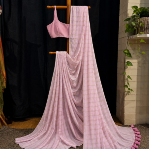 Pink Check Muse — Pastel Pink Cotton Check Saree with Gold-Toned Grid & Pink Tassels