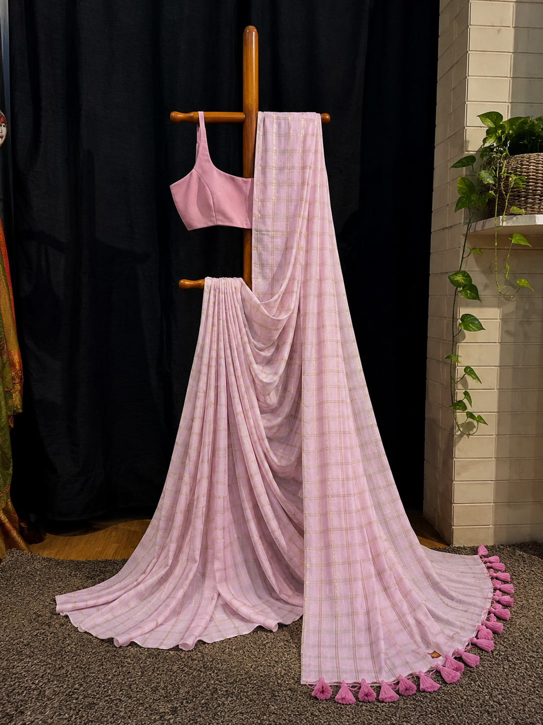 Pink Check Muse — Pastel Pink Cotton Check Saree with Gold-Toned Grid & Pink Tassels