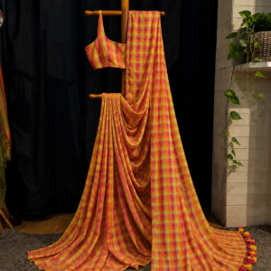 Marigold Checks — Orange, Yellow & Magenta Checked Saree with Tassels