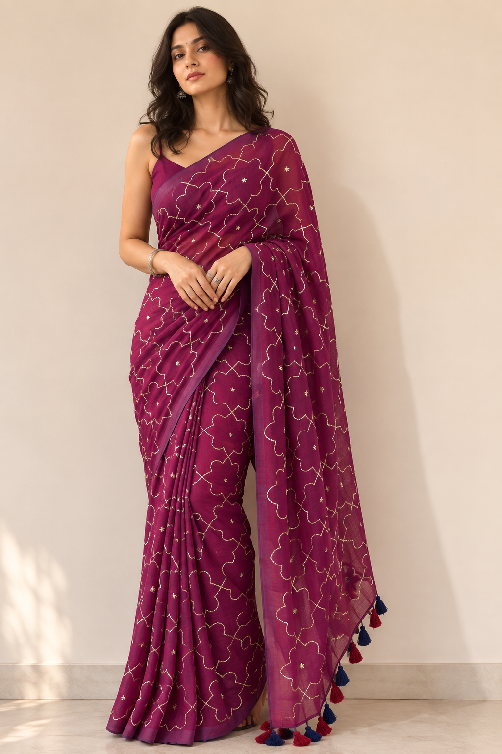 Plum Bloom — Purple Floral Saree with Gold Motifs and Tassel Pallu