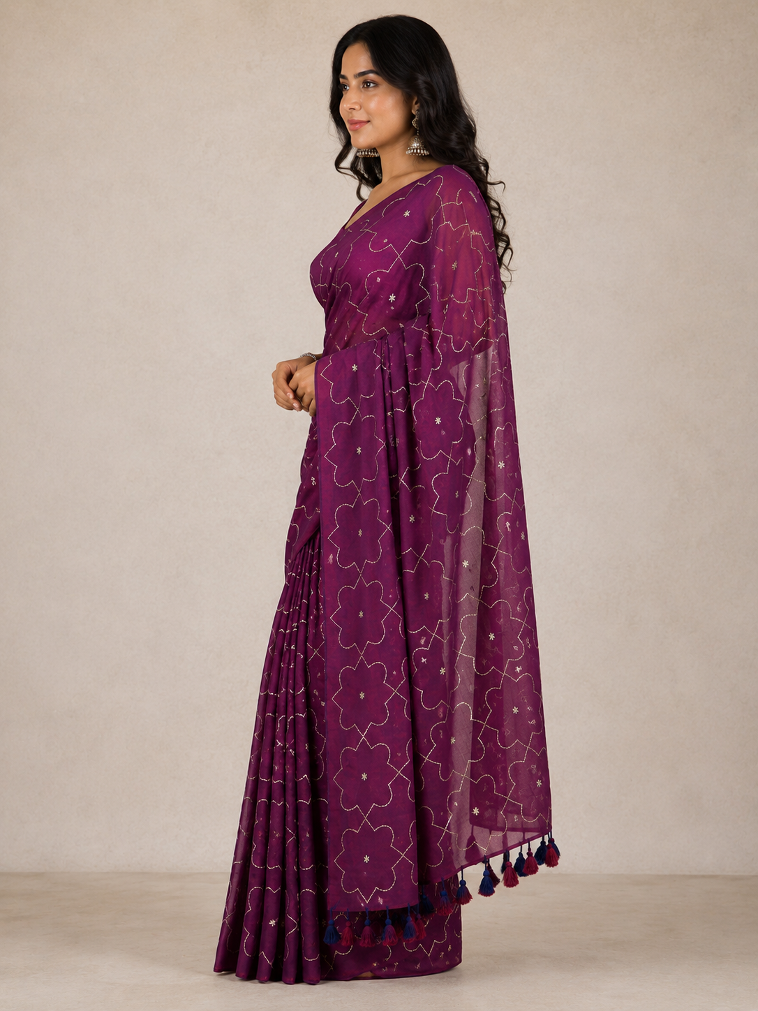 Plum Bloom — Purple Floral Saree with Gold Motifs and Tassel Pallu - Image 5