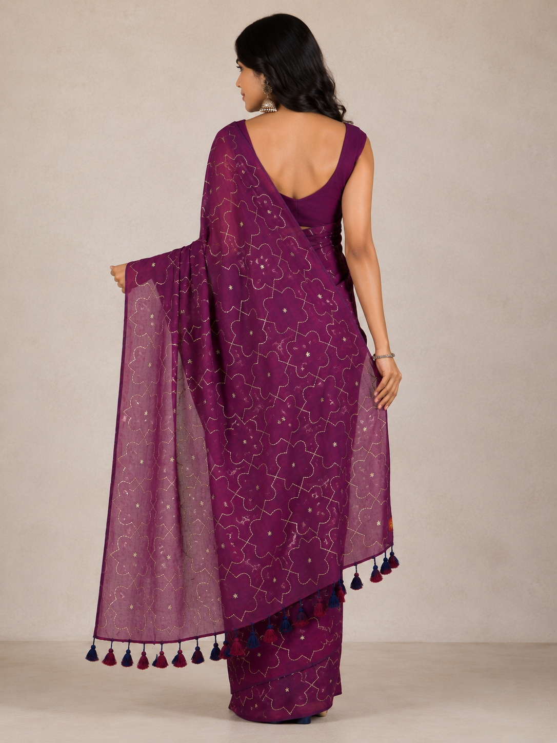 Plum Bloom — Purple Floral Saree with Gold Motifs and Tassel Pallu - Image 4