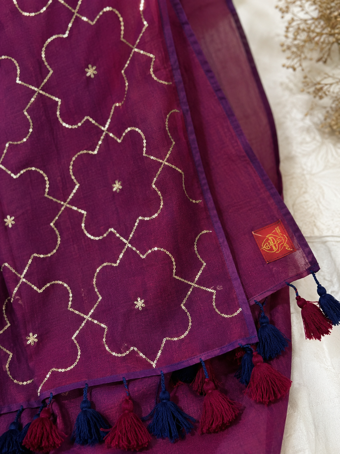 Plum Bloom — Purple Floral Saree with Gold Motifs and Tassel Pallu - Image 3