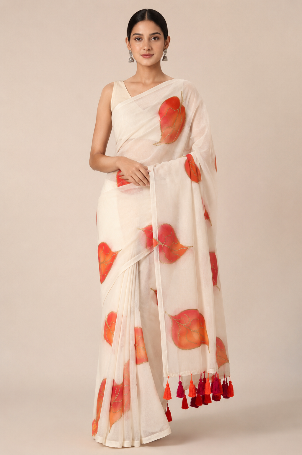 Autumn Leaves — Ivory Mul Cotton Saree with Orange Leaf Motifs - Image 6