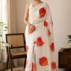 Autumn Leaves — Ivory Mul Cotton Saree with Orange Leaf Motifs