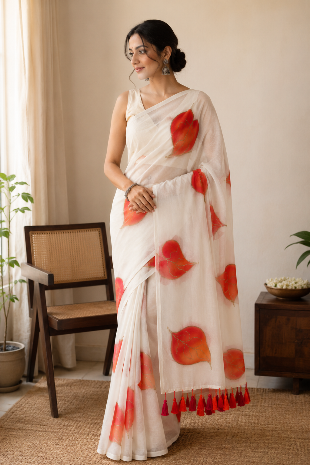 Autumn Leaves — Ivory Mul Cotton Saree with Orange Leaf Motifs
