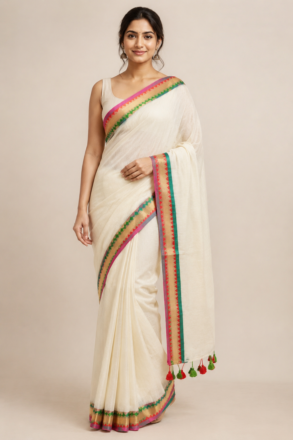 Colour at the Edge — Cream Saree with Multicolour Geometric Border - Image 6