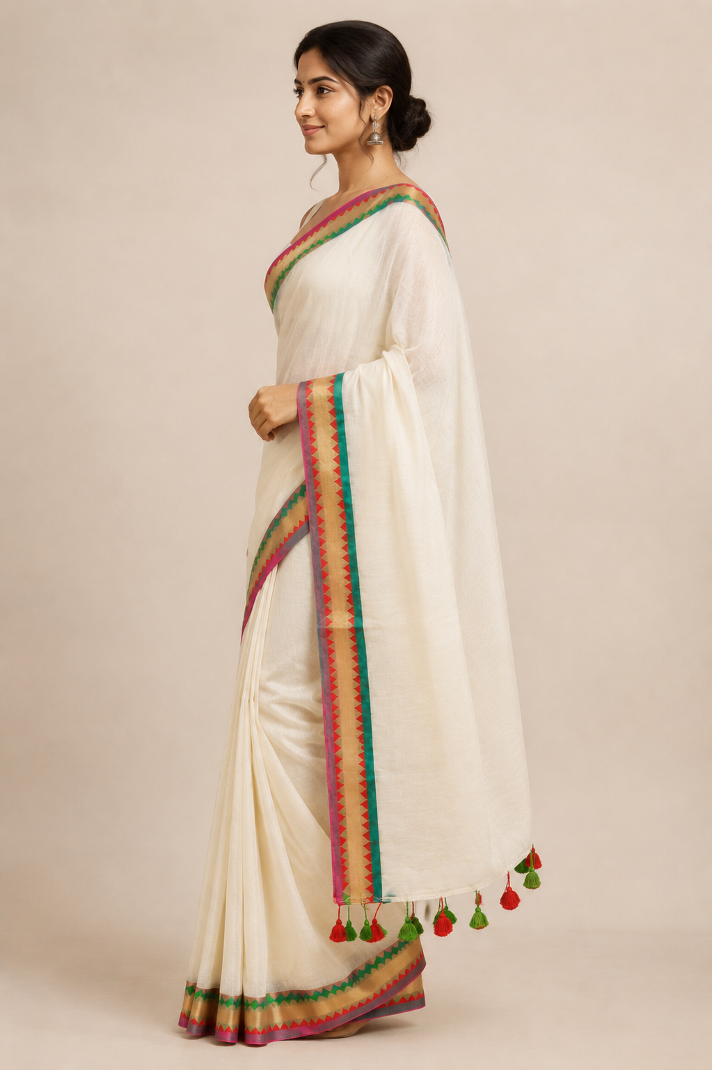 Colour at the Edge — Cream Saree with Multicolour Geometric Border - Image 5