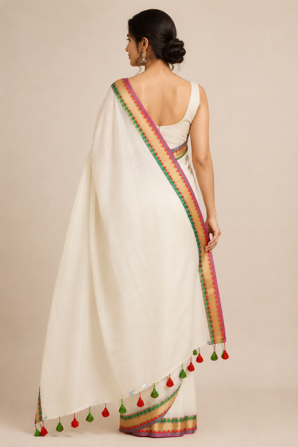 Colour at the Edge — Cream Saree with Multicolour Geometric Border - Image 4