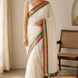 Colour at the Edge — Cream Saree with Multicolour Geometric Border
