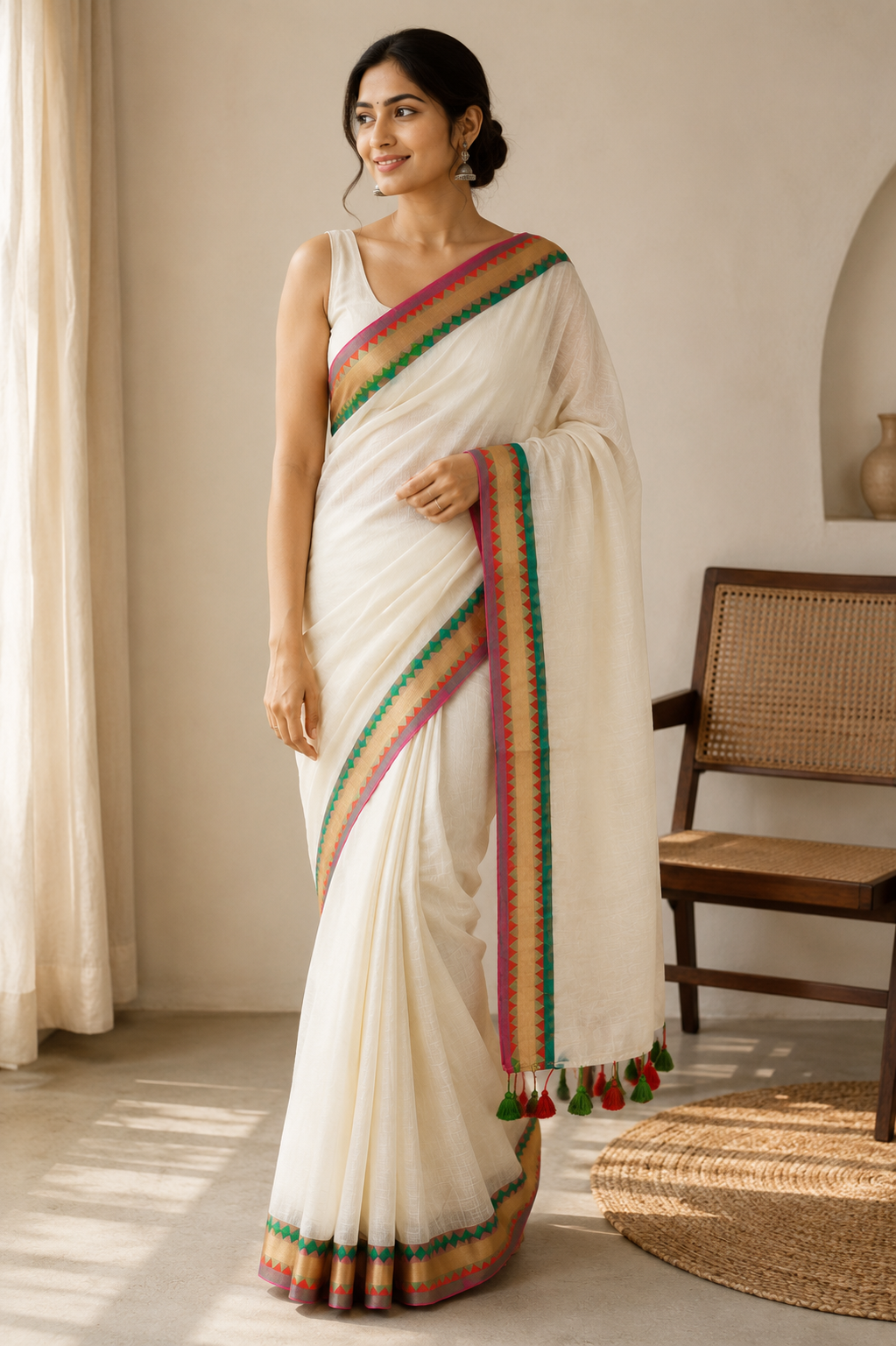 Colour at the Edge — Cream Saree with Multicolour Geometric Border