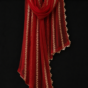 Crimson Glow — Deep Red Sheer Dupatta with Golden Leaf Detailing