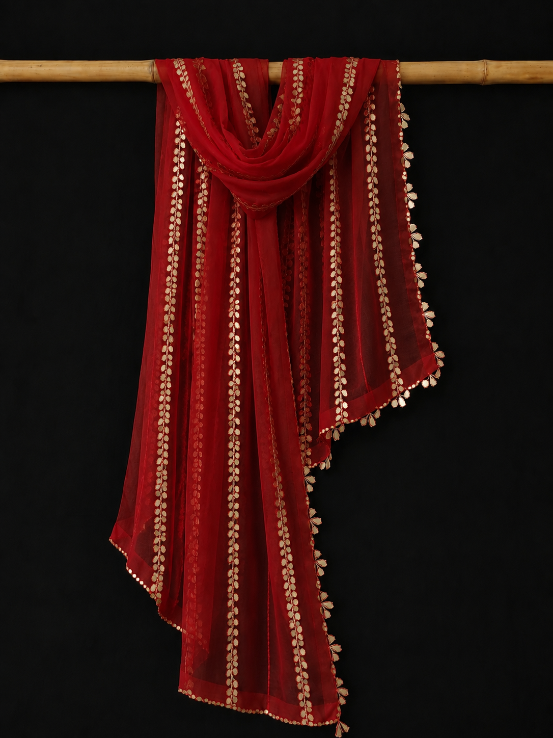 Crimson Glow — Deep Red Sheer Dupatta with Golden Leaf Detailing